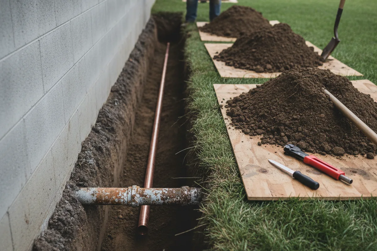 Excavated water line trench during Water Softener Installation in Randolph